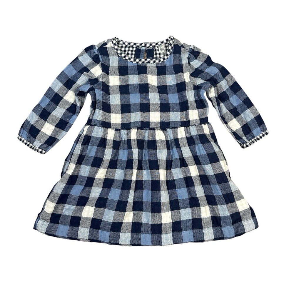 Primary Girls Long Sleeve Blue and White Plaid Dress